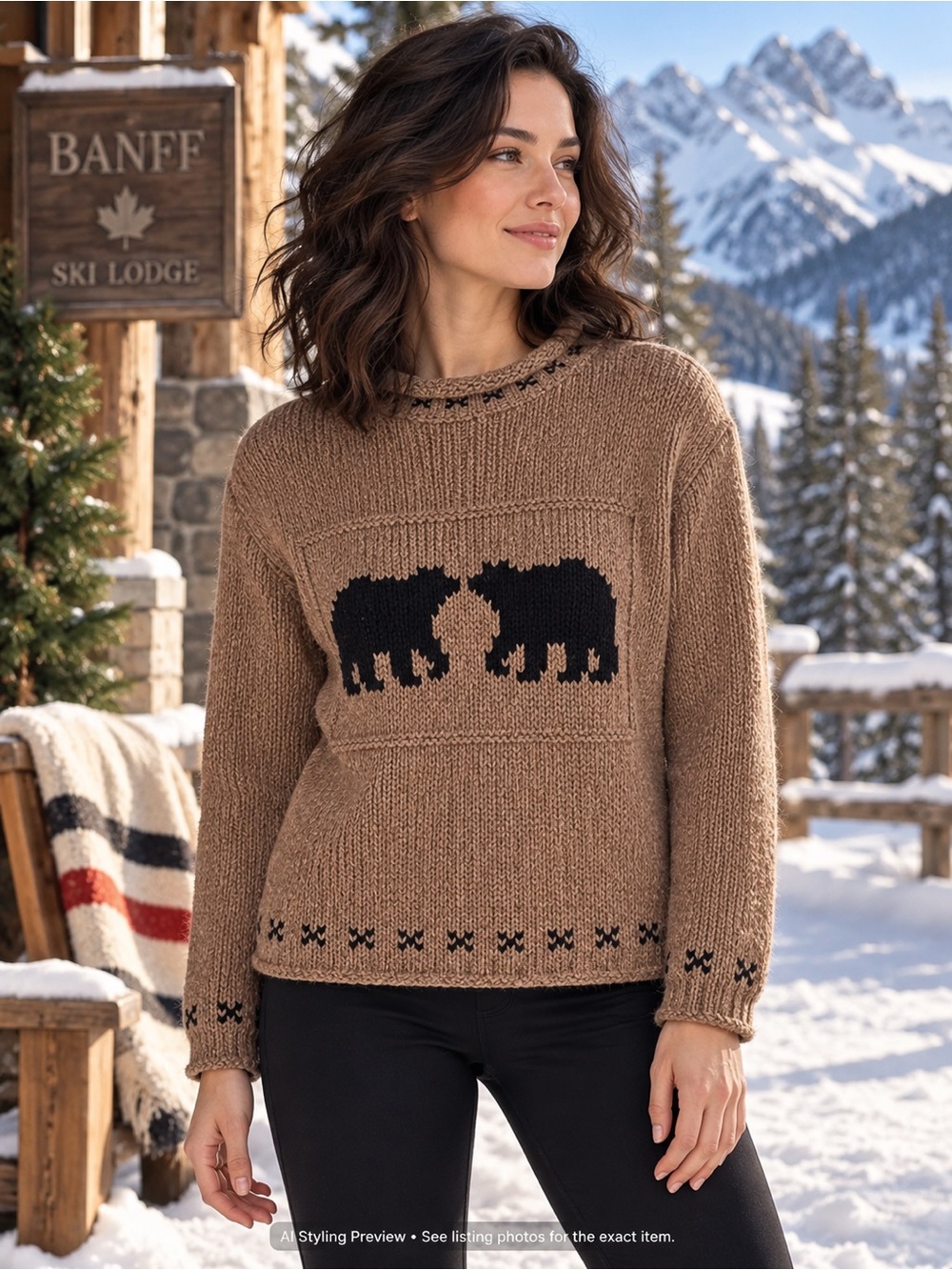 Vintage 80s 90s S-M Brown Bear Cotton Knit Sweater Cabin Folk Art